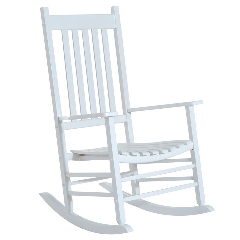 Outdoor Rocking Chair, Patio Wooden Rocking Chair with Smooth Armrests, High Back for Garden, Balcony, Porch, Supports Up to 352 lbs., White