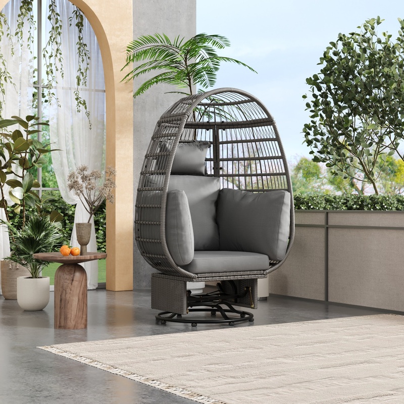Outdoor Swivel Chair with Cushions, Rattan Egg Patio Chair with Rocking Function for Balcony, Poolside and Garden (Grey Wicker + Grey Cushion)