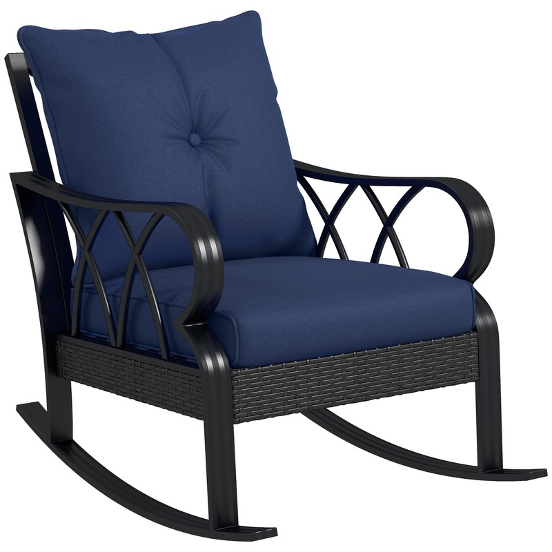 Outdoor Wicker Rocking Chair with Padded Cushions, Aluminum Furniture Rattan Porch Rocker Chair w/ Armrest for Garden, Patio, and Backyard, Navy Blue