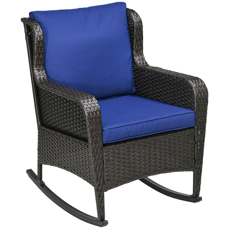 Outdoor Wicker Rocking Chair with Wide Seat, Thick Cushions, Rattan Rocker with Steel Frame, High Weight Capacity for Patio, Garden, Backyard, Dark Blue