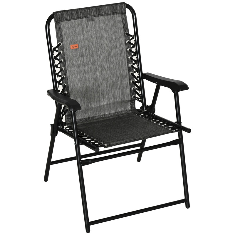 Patio Folding Chair, Outdoor Bungee Sling Chair w/ Armrests, Portable Lawn Chair for Camping, Garden, Pool, Beach, Backyard, Gray