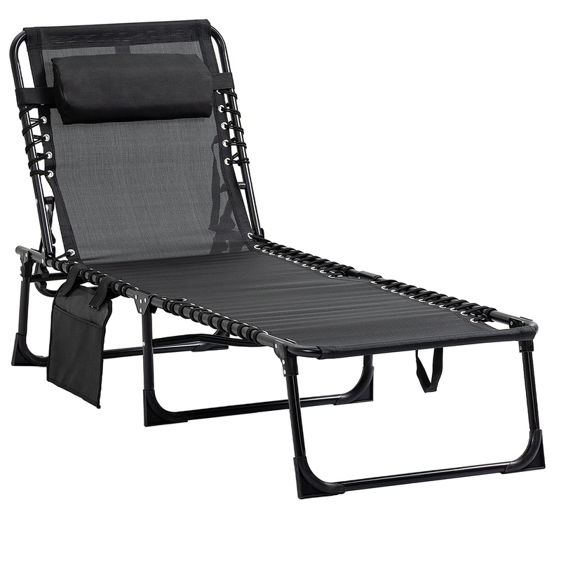 Reclining Chaise Lounge Chair, Portable Sun Lounger, Folding Camping Cot, with Adjustable Backrest and Removable Pillow, for Patio, Garden, Beach, Black