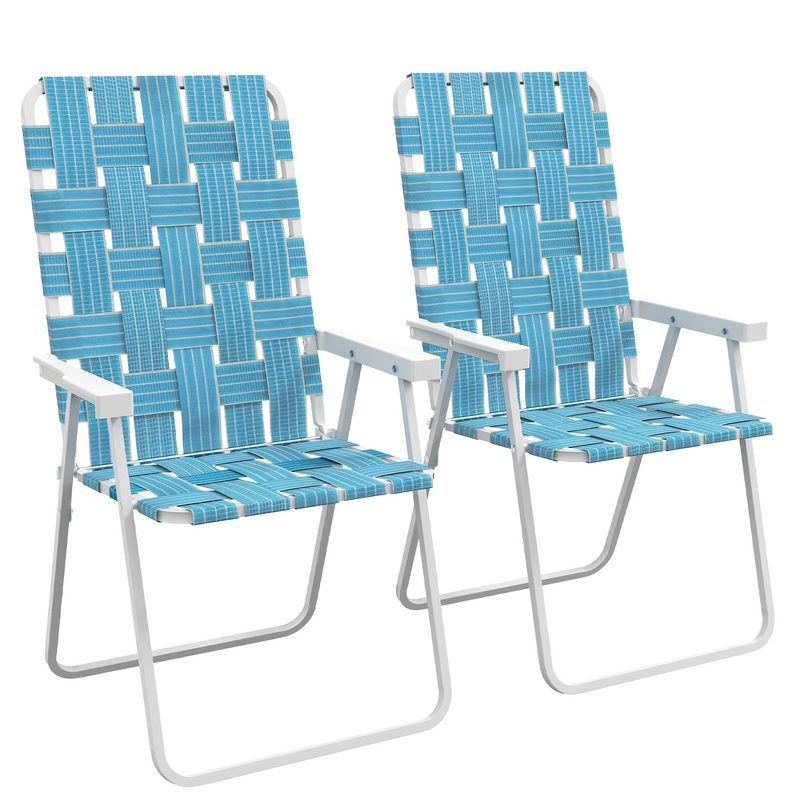 Set of 2 Patio Folding Chairs, Classic Outdoor Camping Chairs, Portable Lawn Chairs for Camping, Garden, Pool, Beach, Backyard w/ Armrests, Blue