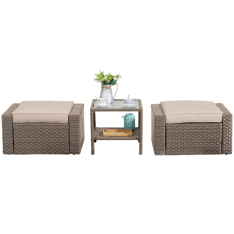 Wholesale Rattan Wicker Brown Footstools And Ottomans Small Patio Furniture Set With Coffee Table