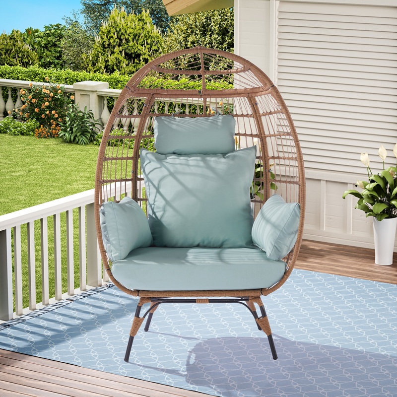 Wicker Egg Chair, Oversized Indoor Outdoor Lounger for Patio, Backyard, Living Room w/ 5 Cushions, Steel Frame, 440lb Capacity - Light Blue
