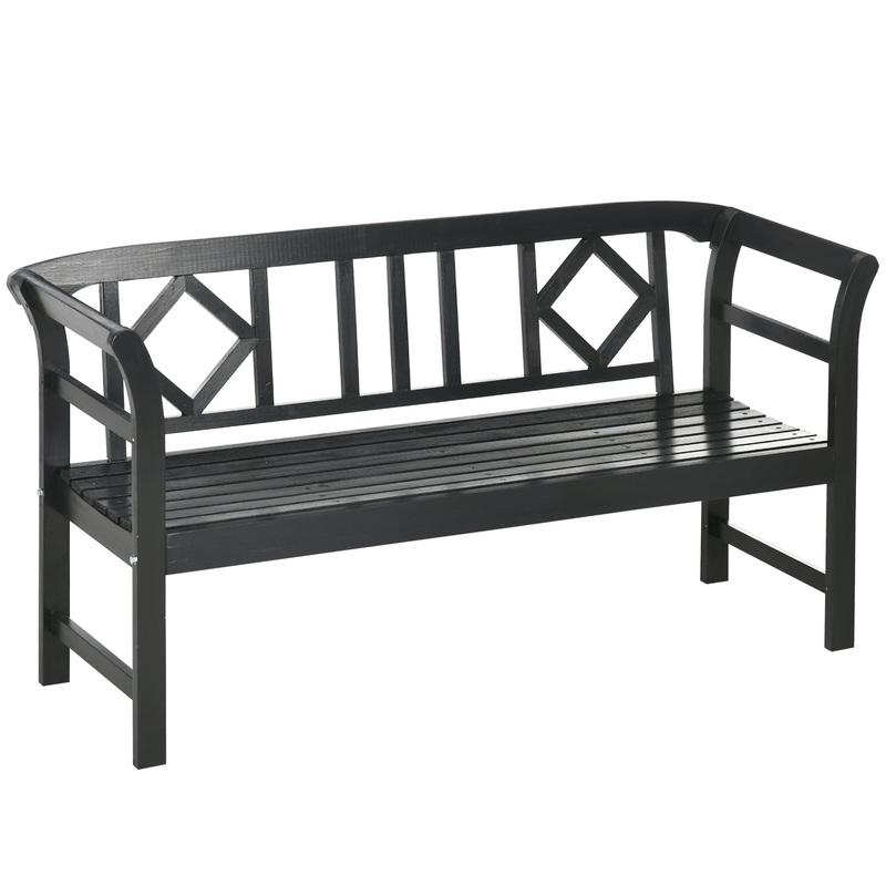 Wooden Patio Bench, Outdoor Garden Bench with Backrest and Armrests, 3 Person Porch Bench with Rustic Country Diamond Pattern, Black
