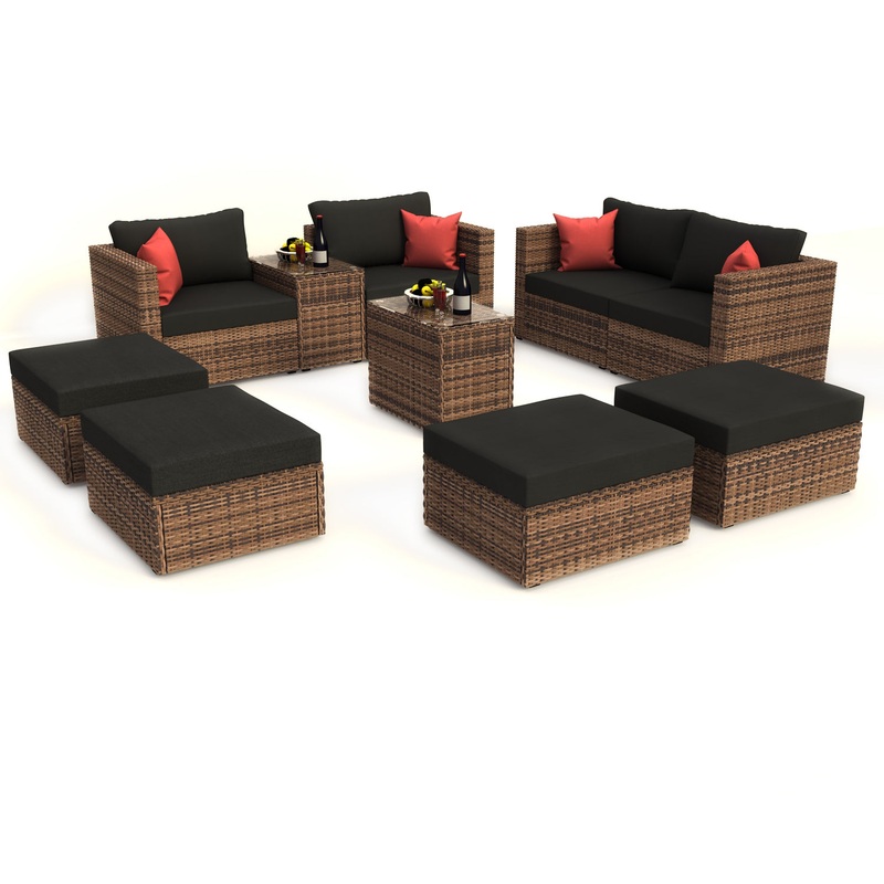 10 Pieces Outdoor Patio Garden Brown Wicker Sectional Conversation Sofa Set with Black Cushions and Red Pillows,w/ Furniture Protection Cover