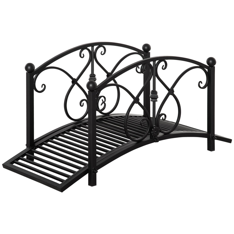 3.3FT Metal Arch Zen Garden Bridge with Safety Siderails, Decorative Footbridge, Delicate Floral Scrollwork for Stream, Fish Pond, Black