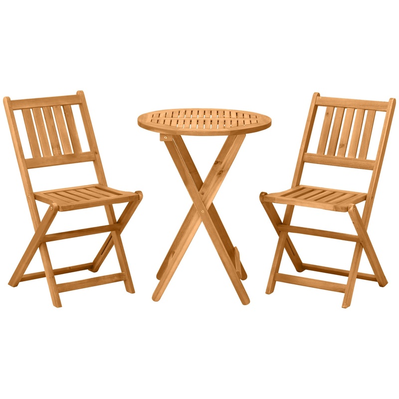 3-Piece Acacia Wood Bistro Set, Folding Patio Furniture with 2 Folding Chairs and Round Coffee Table, Teak, Slatted Finish, for Backyard, Balcony, Deck, Natural
