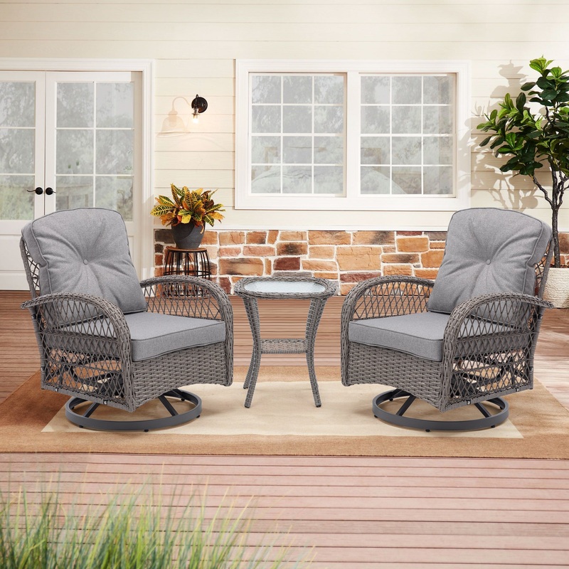 3 Pieces Outdoor Swivel Rocker Patio Chairs, 360 Degree Rocking Patio Conversation Set with Thickened Cushions and Glass Coffee Table for Backyard, Blue