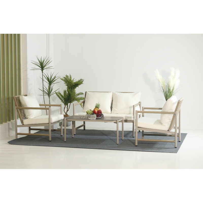 4 Pieces Patio Furniture Set, PE Rattan Wicker 4 Pcs Outdoor Sofa Set w/Washable Cushion and Tempered Glass Tabletop, Conversation Furniture for Garden Poolside Balcony