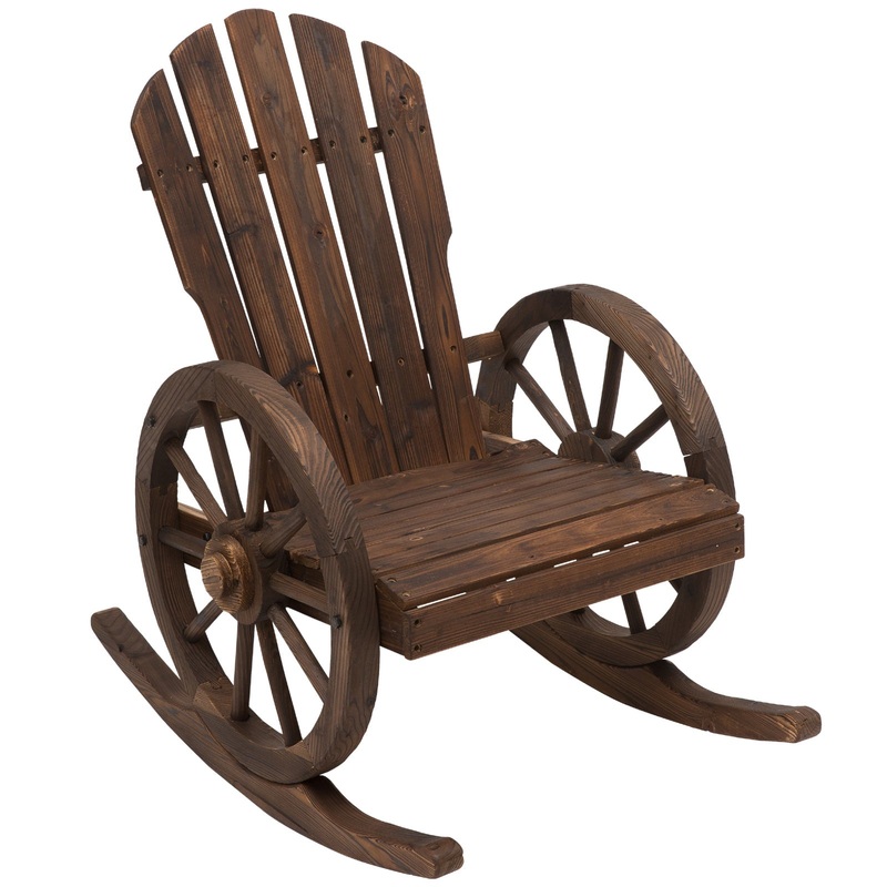 Wooden Rocking Chair, Adirondack Rocker Chair w/ Slatted Design and Oversized Back, Outdoor Rocking Chair with Wagon Wheel Armrest for Porch, Poolside, and Garden, Carbonized