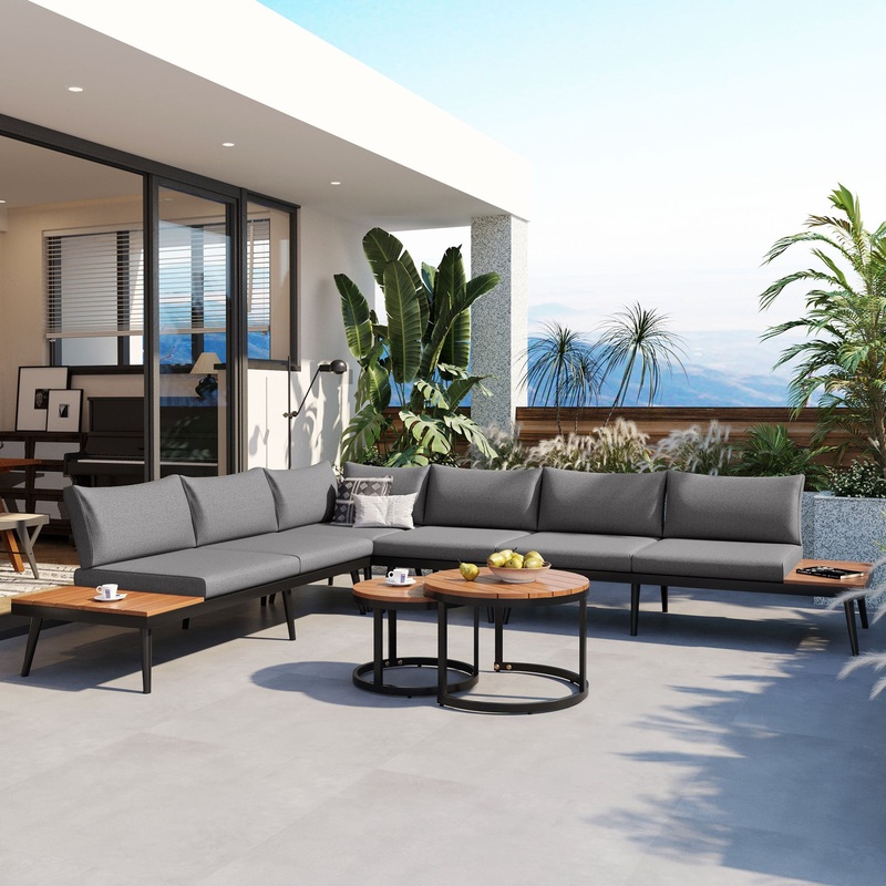 6-Piece Outdoor Sectional Sofa Set with Round Nesting Coffee Tables and Seating Sofa with Cushions for Patio, Porch and Garden (Grey)