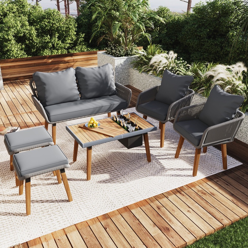 6-Piece Rope Patio Furniture Set, Outdoor Furniture with Acacia Wood Cool Bar Table with Ice Bucket, Deep Seat Patio Conversation Set with Two Stools for Backyard Porch Balcony (Grey)