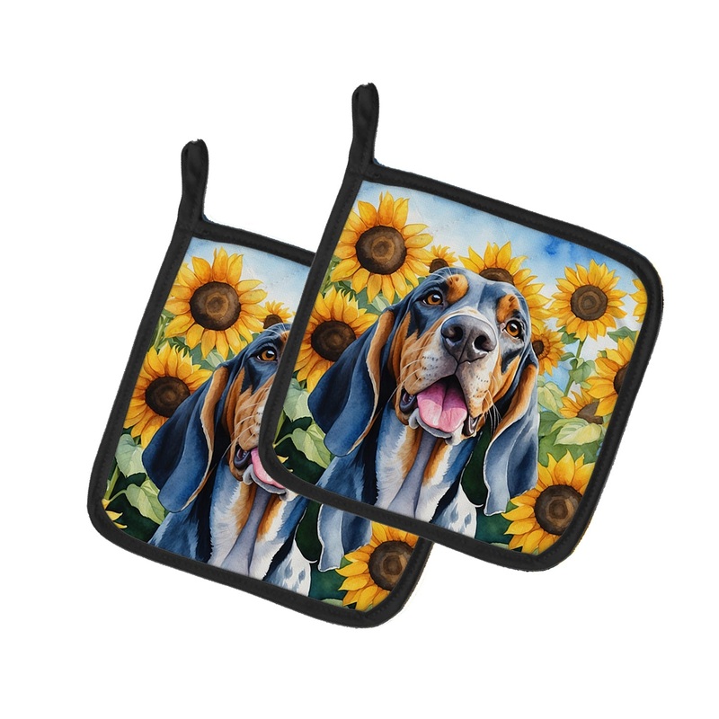 American English Coonhound in Sunflowers Pot Holders - Set of 2 Decorative Kitchen Helpers | Made in the USA
