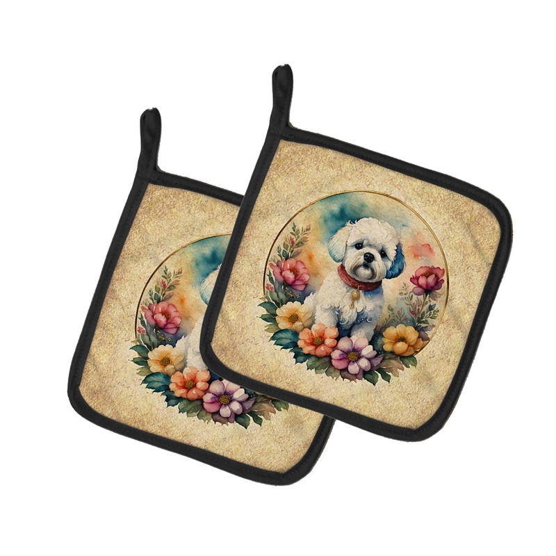 Bichon Frise and Flowers Pot Holders - Set of 2 Decorative Kitchen Helpers | Made in the USA