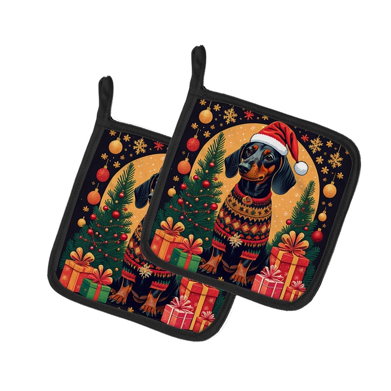 Black and Tan Dachshund Christmas Pot Holders - Set of 2 Decorative Kitchen Helpers | Made in the USA