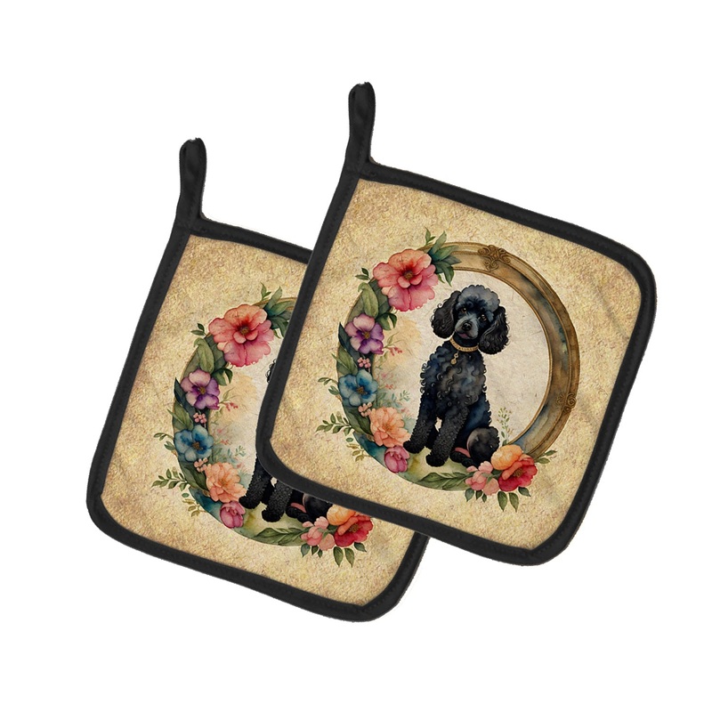 Black Poodle and Flowers Pot Holders - Set of 2 Decorative Kitchen Helpers | Made in the USA