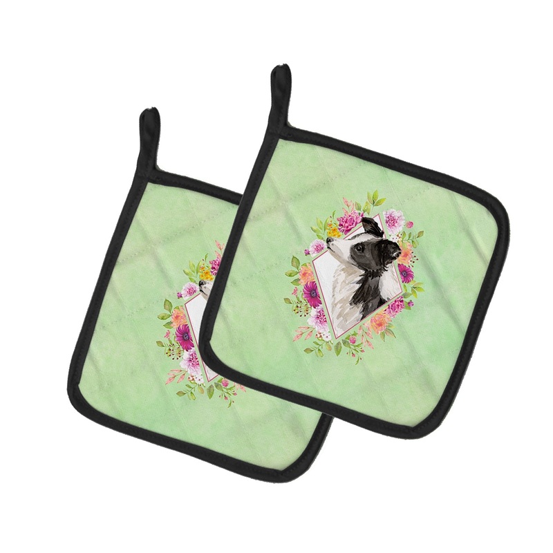 Border Collie Green Flowers Pot Holders - Set of 2 - Heat-Resistant Kitchen Essentials CK4418PTHD