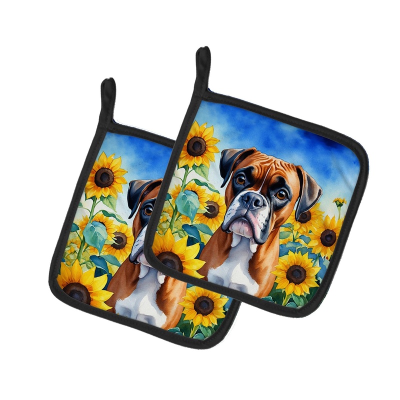 Boxer in Sunflowers Pot Holders - Set of 2 Decorative Kitchen Helpers | Made in the USA