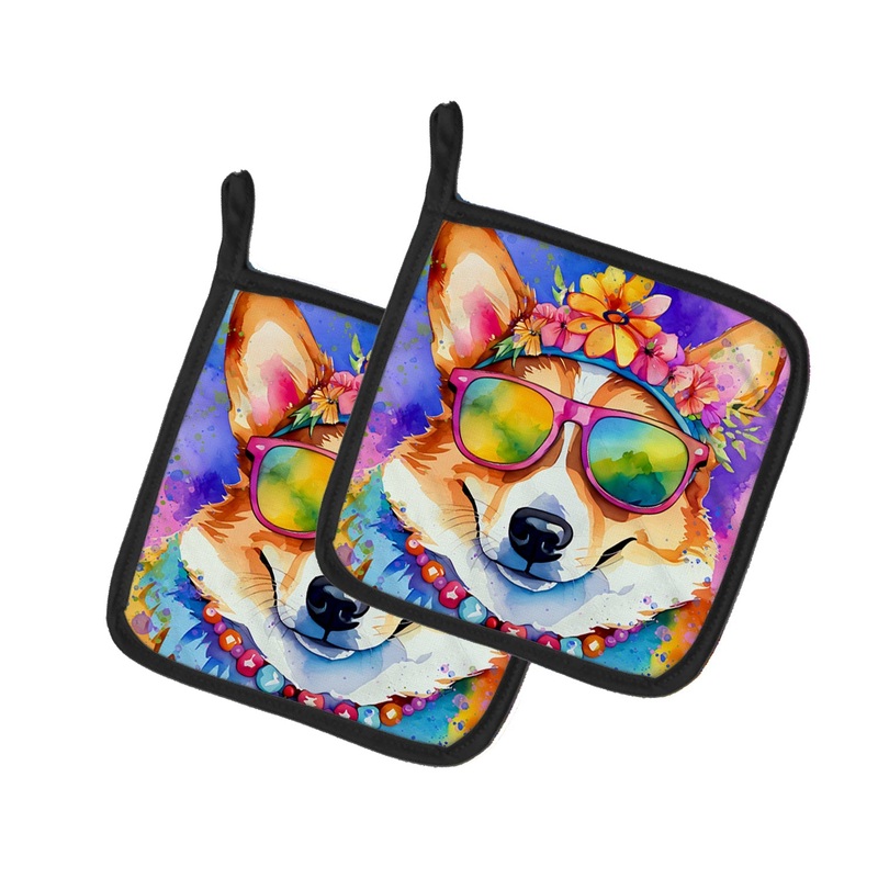 Corgi Hippie Dawg Pot Holders - Set of 2 Decorative Kitchen Helpers | Made in the USA