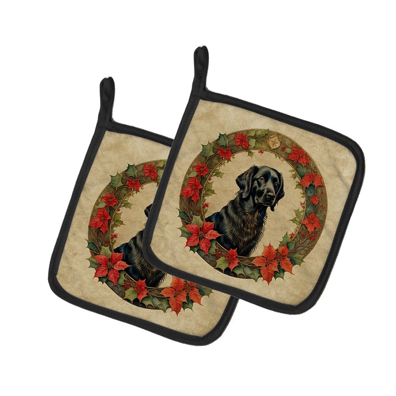 Flat-Coated Retriever Christmas Flowers Pot Holders - Set of 2 Decorative Kitchen Helpers | Made in the USA