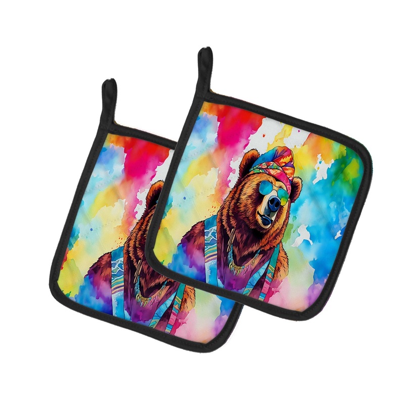Hippie Animal Grizzly Bear Pot Holders - Set of 2 Decorative Kitchen Helpers | Made in the USA