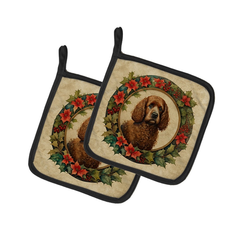 Irish Water Spaniel Christmas Flowers Pot Holders - Set of 2 Decorative Kitchen Helpers | Made in the USA