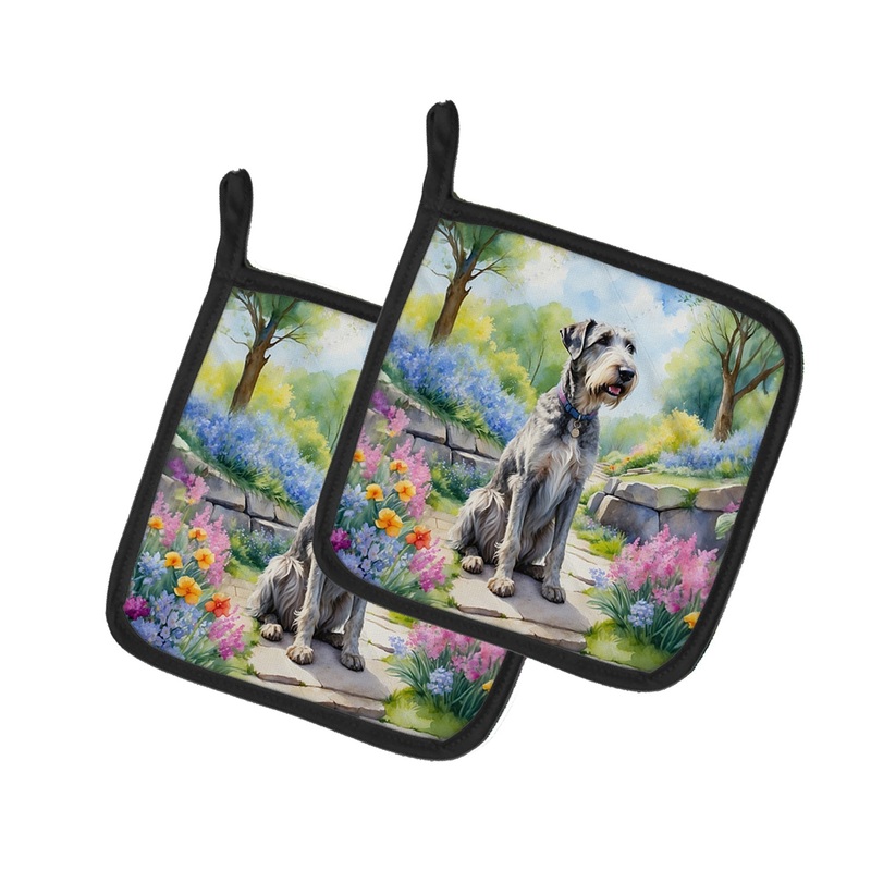 Irish Wolfhound Spring Path Pot Holders - Set of 2 Decorative Kitchen Helpers | Made in the USA