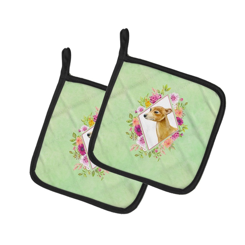 Italian Greyhound Green Flowers Pot Holders - Set of 2 - Heat-Resistant Kitchen Essentials CK4314PTHD