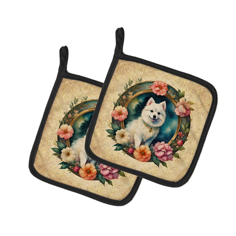 Japanese Spitz and Flowers Pot Holders - Set of 2 Decorative Kitchen Helpers | Made in the USA