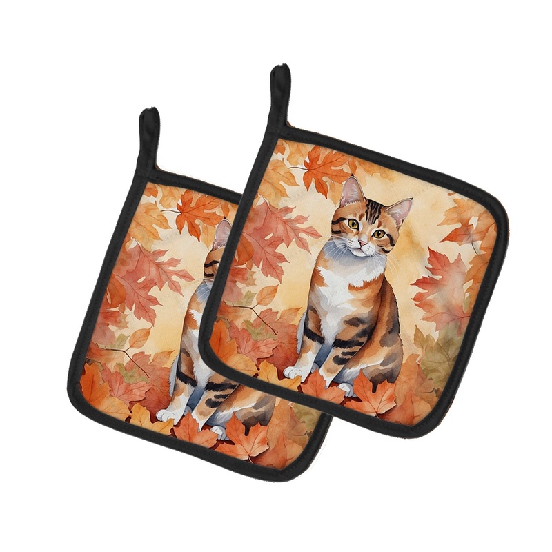 Korean Bobtail Cat in Fall Leaves Pot Holders - Set of 2 Decorative Kitchen Helpers | Made in the USA