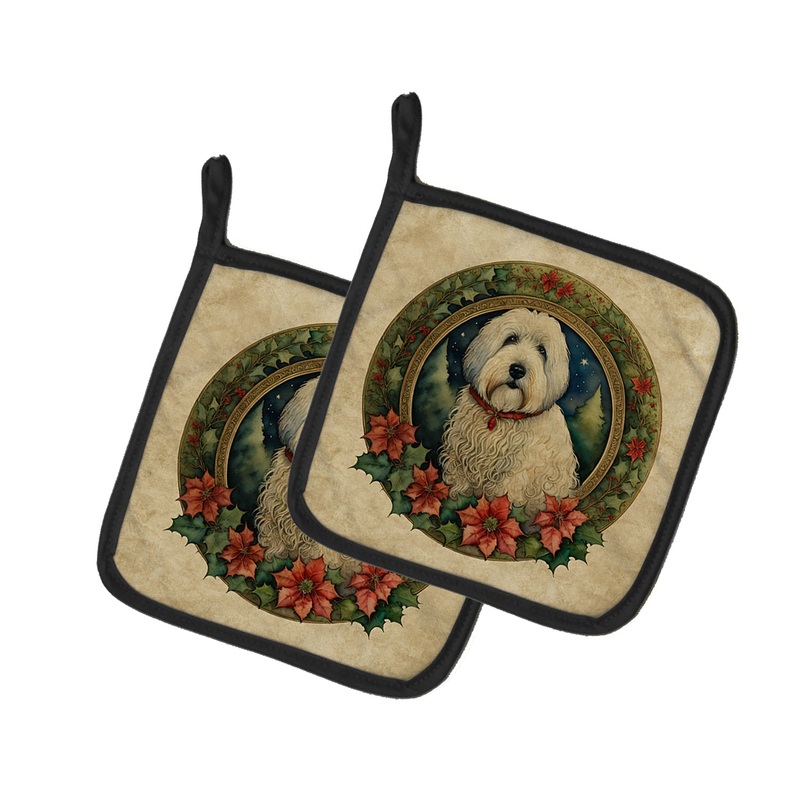 Old English Sheepdog Christmas Flowers Pot Holders - Set of 2 Decorative Kitchen Helpers | Made in the USA