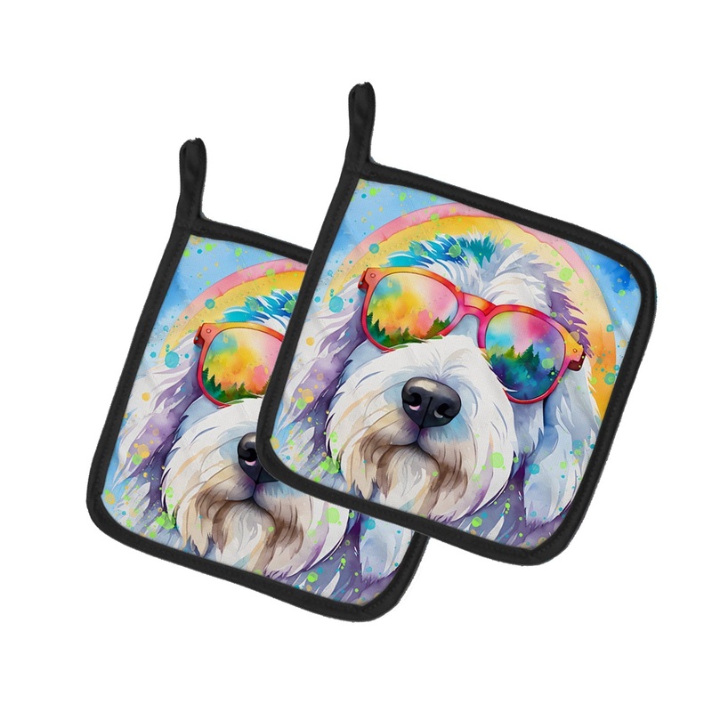 Old English Sheepdog Hippie Dawg Pot Holders - Set of 2 Decorative Kitchen Helpers | Made in the USA