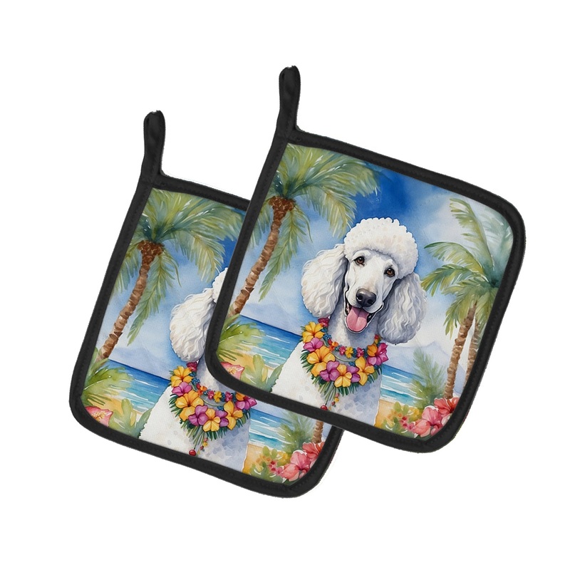 White Poodle Luau Pot Holders - Set of 2 Decorative Kitchen Helpers | Made in the USA