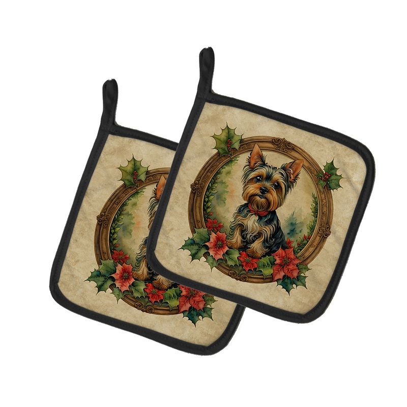 Yorkie Christmas Flowers Pot Holders - Set of 2 Decorative Kitchen Helpers | Made in the USA