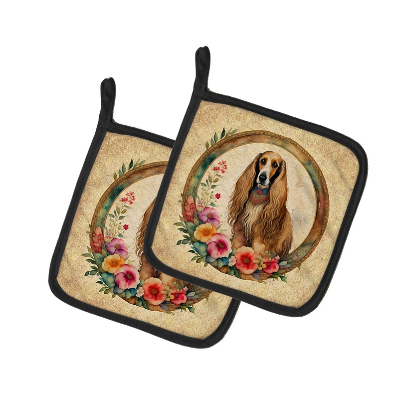 Afghan Hound and Flowers Pot Holders - Set of 2 Decorative Kitchen Helpers | Made in the USA