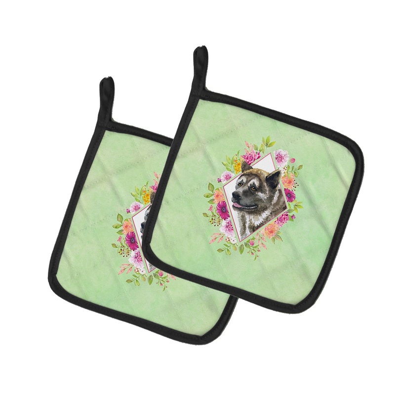 Akita Green Flowers Pot Holders - Set of 2 - Heat-Resistant Kitchen Essentials CK4273PTHD