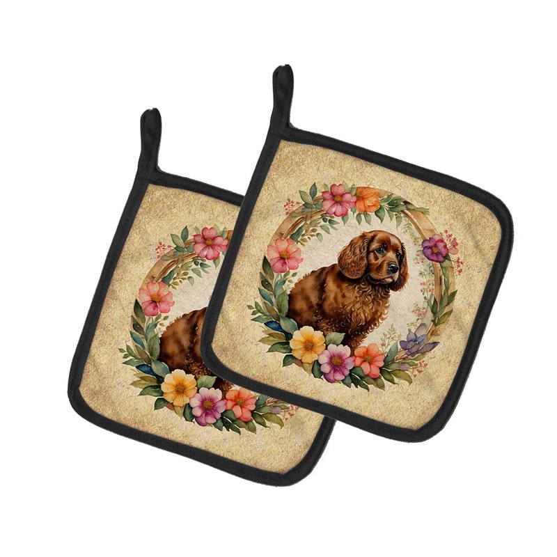 American Water Spaniel and Flowers Pot Holders - Set of 2 Decorative Kitchen Helpers | Made in the USA