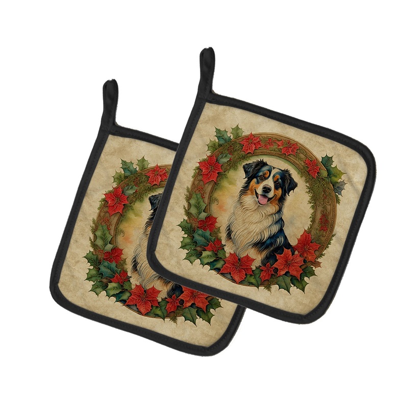 Australian Shepherd Christmas Flowers Pot Holders - Set of 2 Decorative Kitchen Helpers | Made in the USA