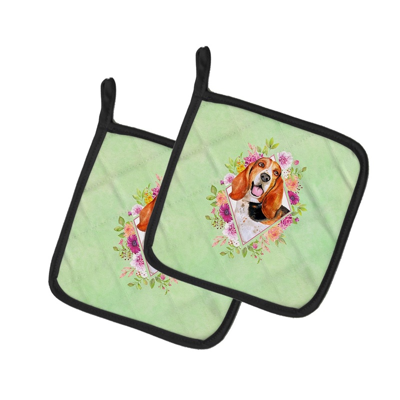 Basset Hound Green Flowers Pot Holders - Set of 2 - Heat-Resistant Kitchen Essentials CK4276PTHD