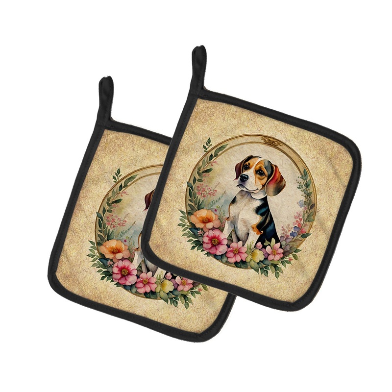 Beagle and Flowers Pot Holders - Set of 2 Decorative Kitchen Helpers | Made in the USA