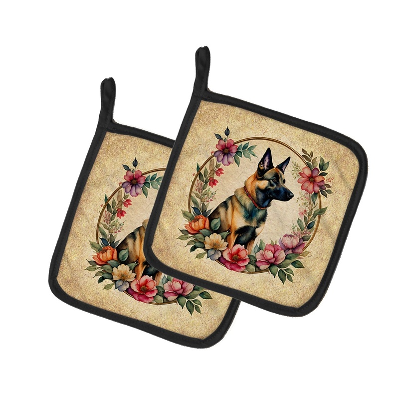 Belgian Malinois and Flowers Pot Holders - Set of 2 Decorative Kitchen Helpers | Made in the USA