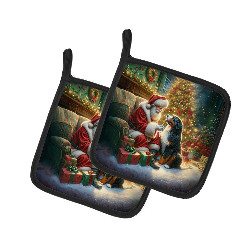 Bernese Mountain Dog and Santa Claus Pot Holders - Set of 2 Decorative Kitchen Helpers | Made in the USA