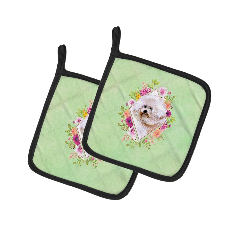 Bichon Fris? #1 Green Flowers Pot Holders - Set of 2 - Heat-Resistant Kitchen Essentials CK4279PTHD