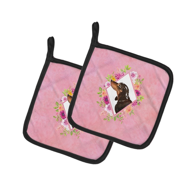 Black and Tan Dachshund Pink Flowers Pot Holders - Set of 2 - Heat-Resistant Kitchen Essentials CK4262PTHD