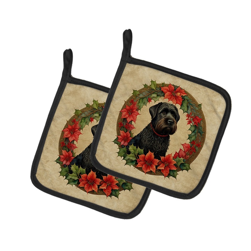 Black Russian Terrier Christmas Flowers Pot Holders - Set of 2 Decorative Kitchen Helpers | Made in the USA