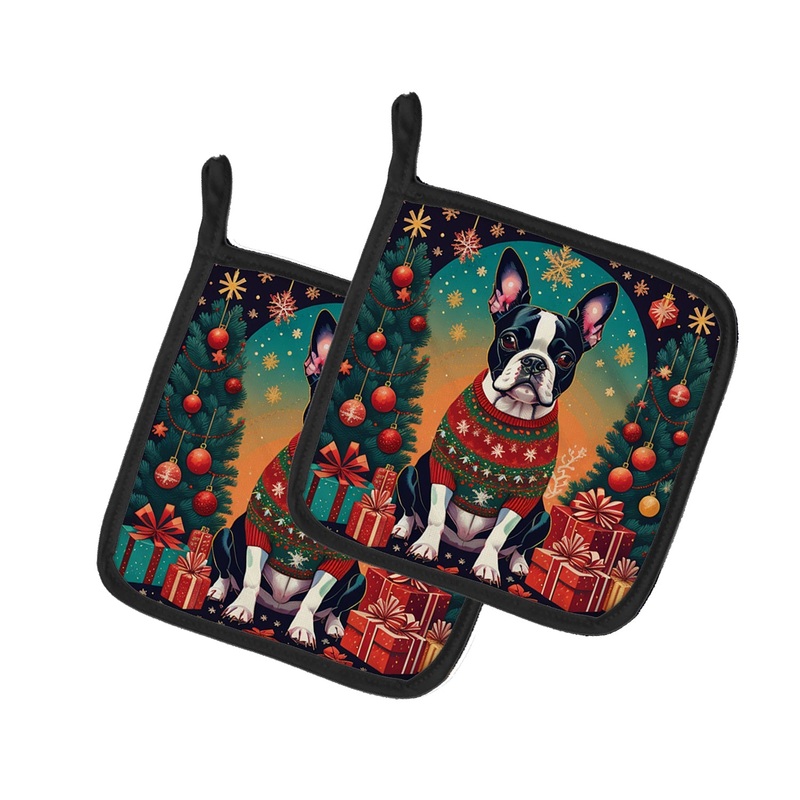 Boston Terrier Christmas Pot Holders - Set of 2 Decorative Kitchen Helpers | Made in the USA