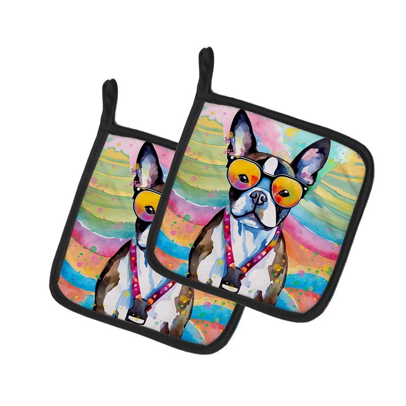 Boston Terrier Hippie Dawg Pot Holders - Set of 2 Decorative Kitchen Helpers | Made in the USA