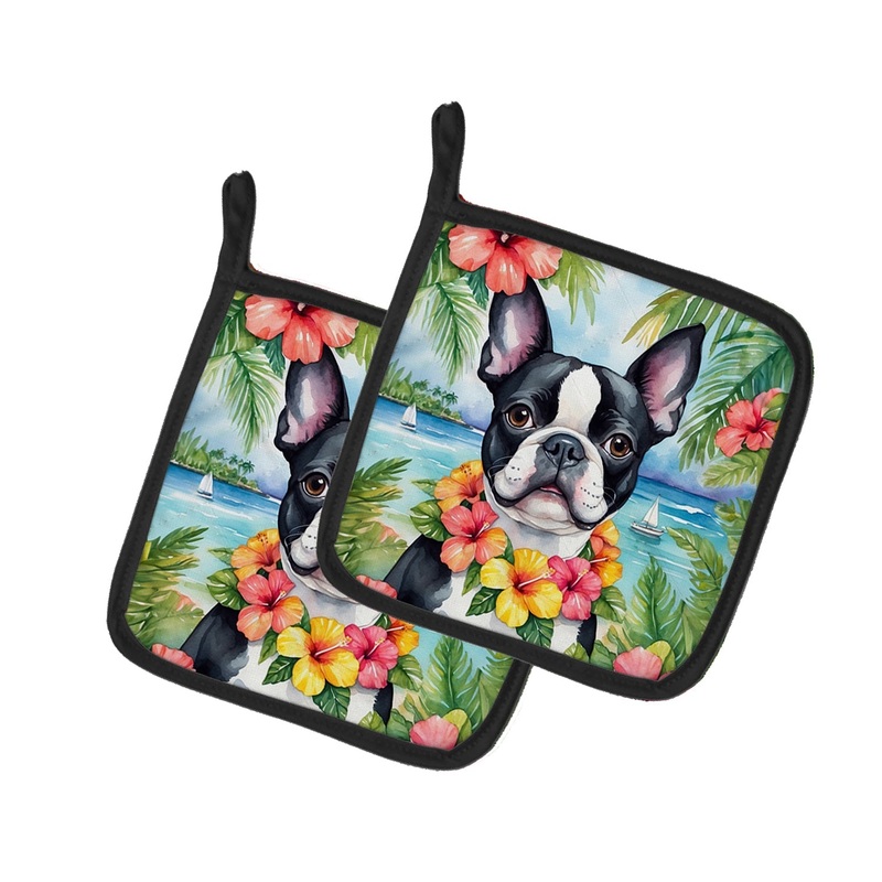 Boston Terrier Luau Pot Holders - Set of 2 Decorative Kitchen Helpers | Made in the USA